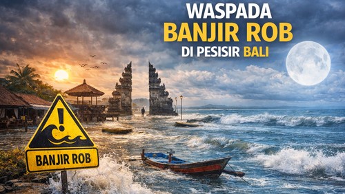 Ilustrasi peringatan banjir rob di Bali. (Chat GPT)