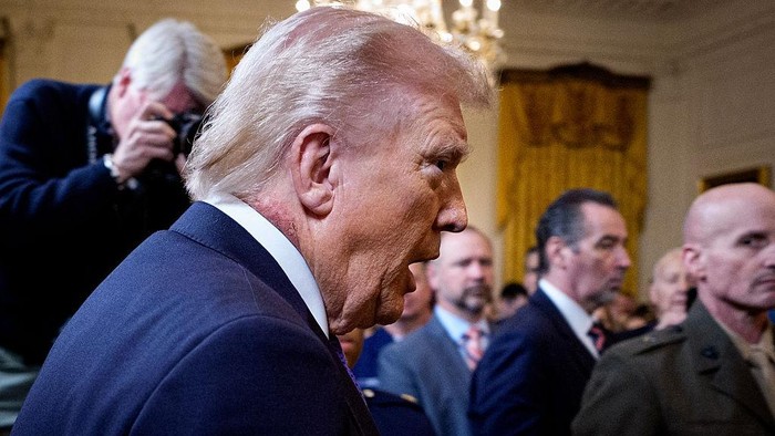 WASHINGTON, DC - MARCH 02: U.S. President Donald Trump arrives for a Medal of Honor Ceremony in the East Room of the White House on March 02, 2026 in Washington, DC. Trump awarded three soldiers the highest military decoration; Master Sgt. Roddie Edm