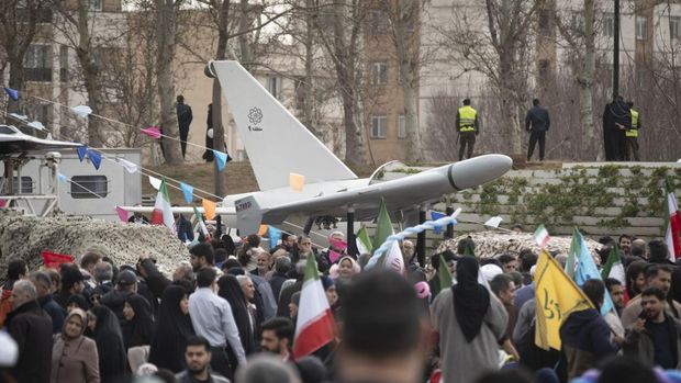 An Iran-made unmanned aerial vehicle (UAV), the Shahed-136, is displayed in a rally commemorating the 47th anniversary of the Islamic Revolution's victory in Azadi (Freedom) Square in western Tehran, Iran, on February 11, 2026. (Photo by Morteza Nikoubazl/NurPhoto via Getty Images)