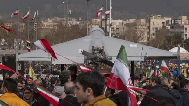 Drone Shahed-136 An Iran-made unmanned aerial vehicle (UAV), the Shahed-136, is displayed in a rally commemorating the 47th anniversary of the Islamic Revolution's victory in Azadi (Freedom) Square in western Tehran, Iran, on February 11, 2026. (Photo by Morteza Nikoubazl/NurPhoto via Getty Images)