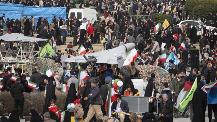 An Iran-made unmanned aerial vehicle (UAV), the Shahed-136, is displayed in a rally commemorating the 47th anniversary of the Islamic Revolutions victory in Azadi (Freedom) Square in western Tehran, Iran, on February 11, 2026. (Photo by Morteza Nikoubazl/NurPhoto via Getty Images)