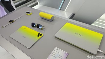 Lalu ada Concept Design Suite yang mencakup ekosistem perangkat seperti laptop, tablet, earbuds, smartwatch, dan lain-lain yang hadir dalam paduan warna abu-abu dan hijau sitrus yang menggoda. Foto: Virgina Maulita Putri/detikINET