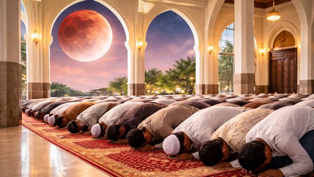 Ilustrasi sholat gerhana bulan.