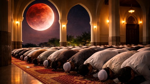 Ilustrasi sholat gerhana bulan di masjid.