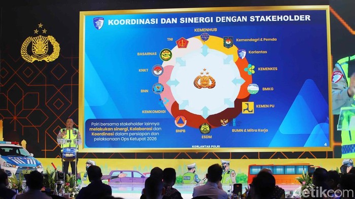 Kakorlantas Polri Agus Suryonugroho menyampaikan arahan mudik dalam acara Mudik Aman Keluarga Bahagia Bersama Korlantas Polri di Menara Bank Mega, Jakarta Selatan, Selasa (3/3/2026). Dalam kesempatan tersebut, ia menegaskan komitmen Korlantas Polri untuk memastikan perjalanan masyarakat selama musim mudik berlangsung aman, tertib, dan lancar.