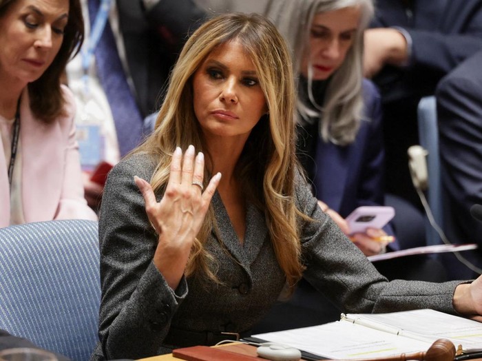 U.S. first lady Melania Trump presides over a United Nations Security Council meeting, at U.N. headquarters in New York City, U.S., March 2, 2026. REUTERS/Jeenah Moon