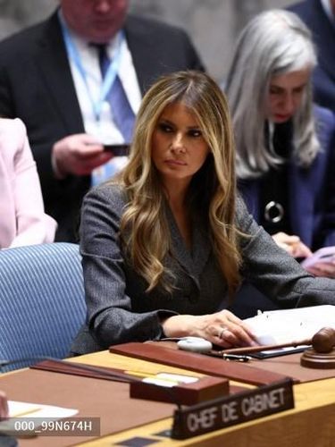 US First Lady Melania Trump chairs a meeting of the United Nations Security Council at UN Headquarters in New York on March 2, 2026. (Photo by CHARLY TRIBALLEAU / AFP)