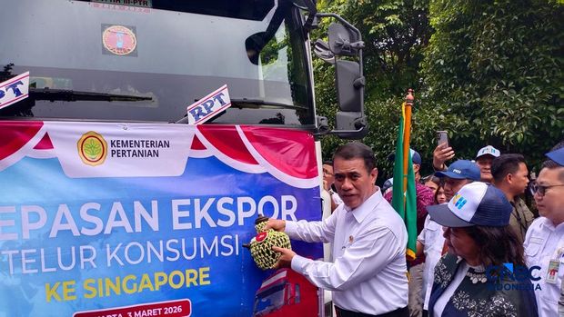 Menteri Pertanian (Mentan) Amran Sulaiman saat melepas ekspor unggas dan produk turunannya di Lapangan Parkir Kementan, Jakarta, Selasa (3/3/2026). (CNBC Indonesia/Martyasari Rizki)