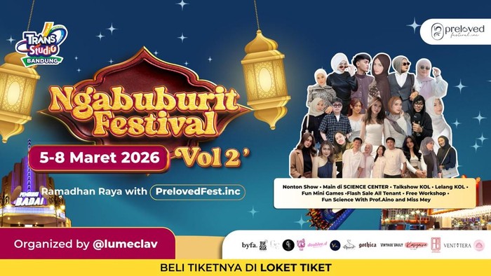 Ngabuburit Festival Vol. 2 hadir pada 5-8 Maret 2026 di Trans Studio Bandung dengan konsep yang nggak setengah-setengah, kamu bisa belanja, nonton show, ikut workshop, sampai eksplor wahana indoor dalam satu tiket.
