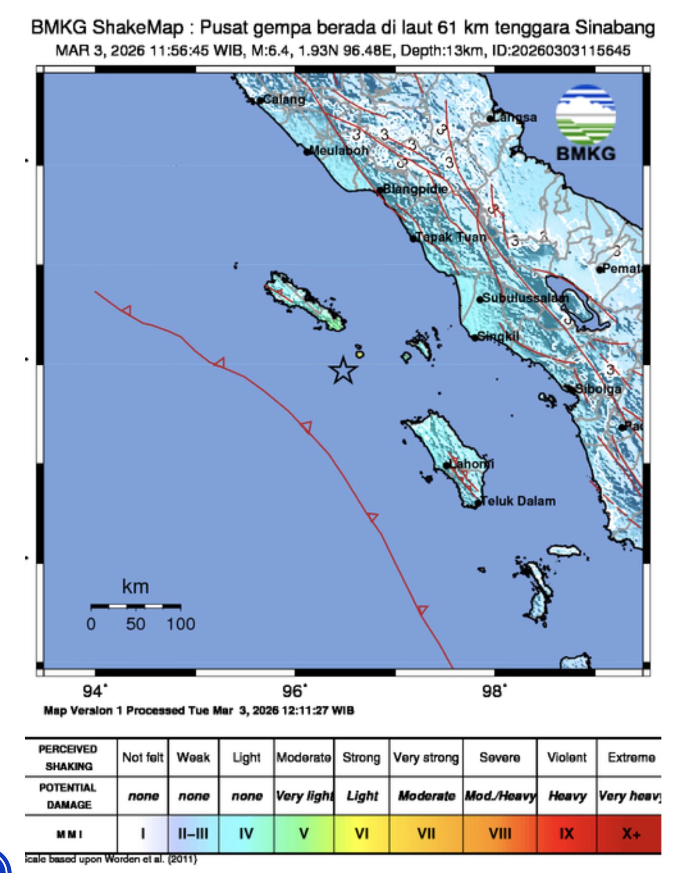 Pusat gempa berada di laut 61 km tenggara Sinabang, 3/3. (BMKG)