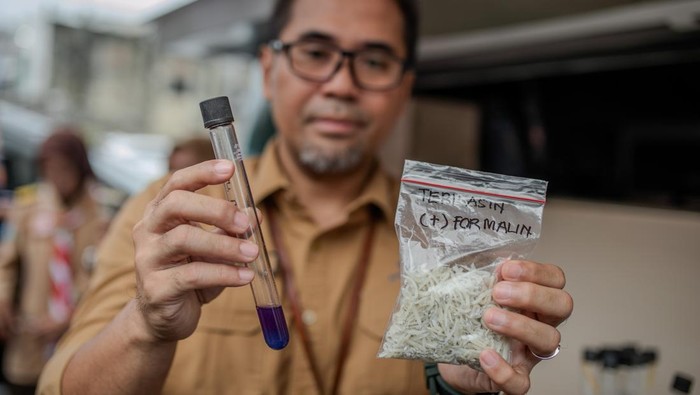 Petugas Dinas Ketahanan Pangan Provinsi Banten melakukan uji kandungan pada ikan di dalam mobil laboratorium keliling di Pasar Induk Rau, Kota Serang, Banten, Selasa (3/3/2026). Pengawasan pangan tersebut bertujuan untuk memberikan rasa aman kepada masyarakat dari peredaran bahan berbahaya selama bulan Ramadhan dengan hasil temuan tiga jenis pangan mengandung formalin dan pewarna tekstil (Rhodamin B) dari 33 sampel yang diuji. ANTARA FOTO/Muhammad Bagus Khoirunas/hma/tom.