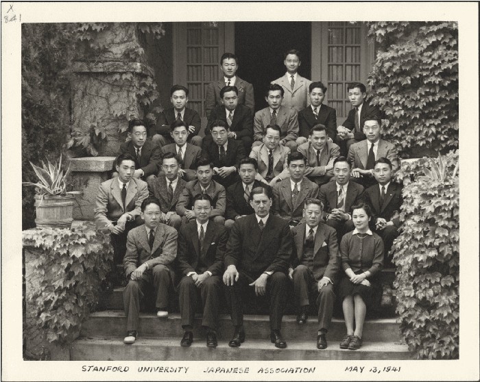 Kazuyuki Takahashi (3rd row, second from left) poses with the Stanford Japanese Student Association, 1941. Like Kaz and Soyo Takahashi, Stanford history Professor Yamato Ichihashi (1st row, second from right) and his wife, Kei, were also incarcerated