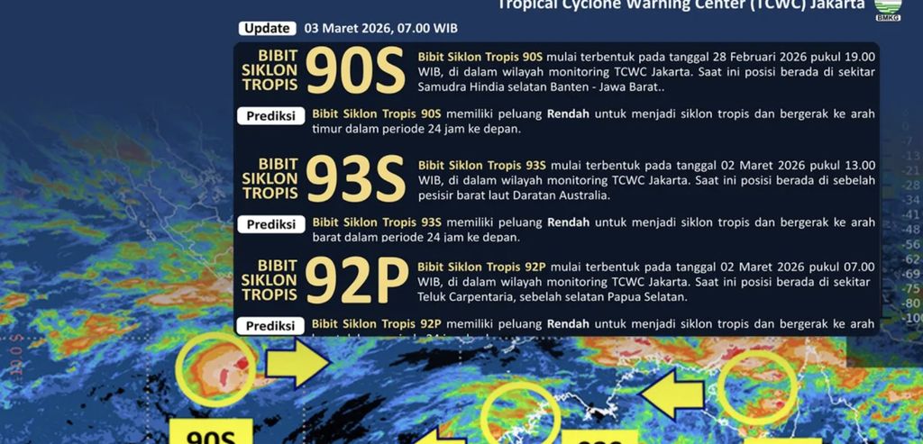 Badan Meteorologi, Klimatologi, dan Geofisika (BMKG) mengidentifikasi kemunculan tiga bibit siklon tropis yang berada di sekitar wilayah Indonesia, Kamis, 5/3. (Dok BMKG)
