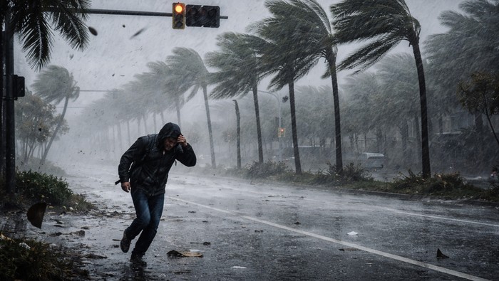 Ilustrasi hujan angin kencang. (Chat GPT)