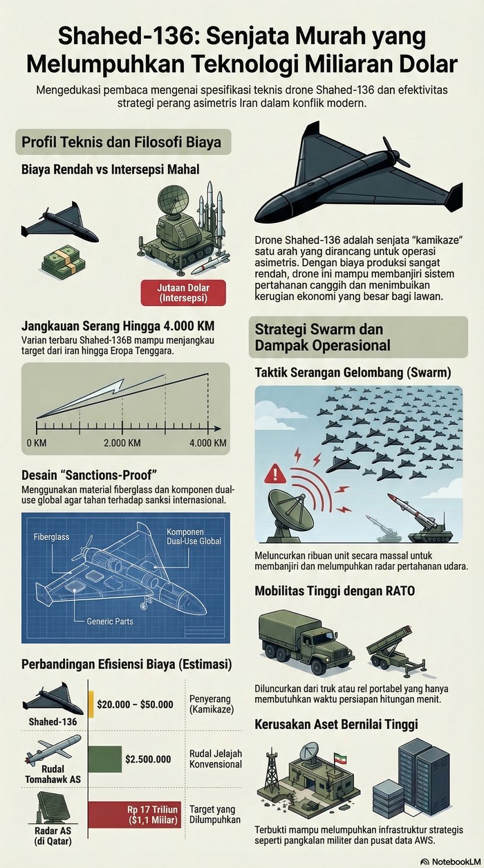 Drone kamikaze buatan Iran ini membuktikan bahwa teknologi canggih tak selamanya harus mahal. Drone tersebut berbahaya dan mematikan.