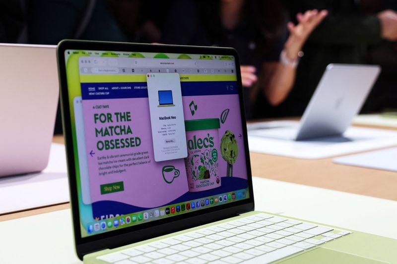 Apple's new entry-level Mac laptop, the MacBook Neo is on display during an event in New York City, U.S., March 4, 2026. REUTERS/Shannon Stapleton