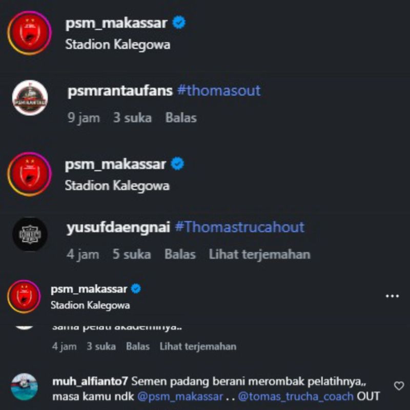 Tagar #TomasTruchaOut menggema di postingan Instagram PSM Makassar.