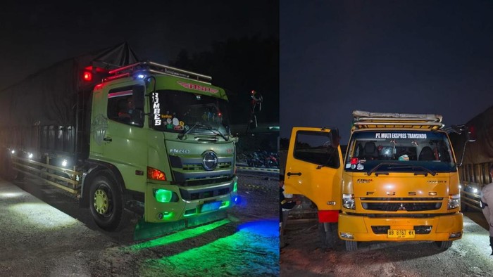 Barang bukti dua unit tronton yang mengangkut 80 ton batu bara ilegal