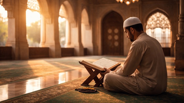 Ilustrasi iktikaf di masjid saat malam Nuzulul Quran.