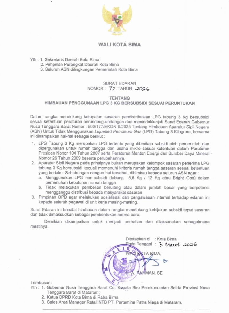 SE Wali Kota Bima, A Rahman tentang imbauan bagi ASN agar tak menggunakan LPG 3 Kg bersubsidi. (Istimewa)