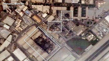 Citra satelit menunjukkan kerusakan signifikan pada markas Armada ke-5 Angkatan Laut AS di Manama, Bahrain, di mana dua kubah radar terkena serangan dan beberapa gudang hancur. Foto: X.com