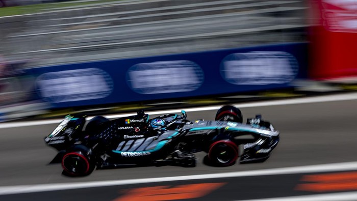 Formula 1 driver George Russell of the Mercedes AMG-Petronas Formula One Team participates in the Formula 1 Melbourne free practice and qualifying session at Albert Park in Melbourne, Australia, on March 7, 2025. (Photo by Marcel van Dorst/EYE4IMAGES