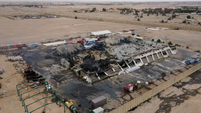 IRAN-CRISIS/IRAQ-FIRE A drone view shows damage at a compound housing offices and warehouses used by U.S. firm Halliburton after a drone attack in Basra, Iraq, March 7, 2026. REUTERS/Essam al-Sudani