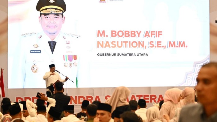 Keterangan foto: Gubsu Bobby Nasution saat sambutan di acara buka bersama DPD Gerindra Sumut (Dok. Diskominfo Sumut)