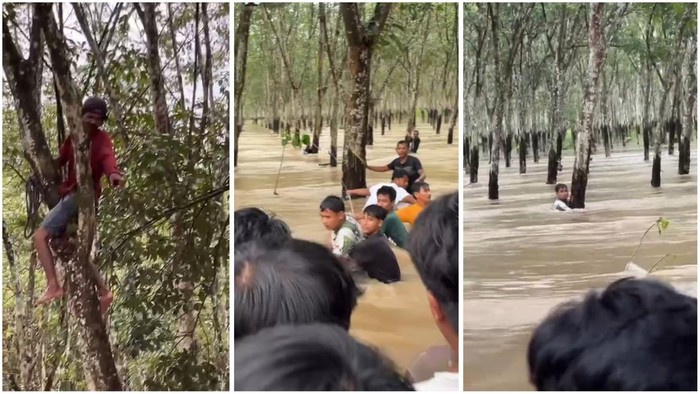 Warga menyelamatkan diri saat banjir menerjang Lampug Selatan
