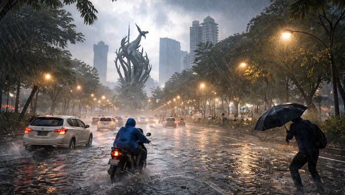 Ilustrasi hujan dan angin kencang di Surabaya.