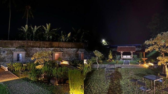 Suasana Goa Jepang Coffee Space Majalengka di malam hari.