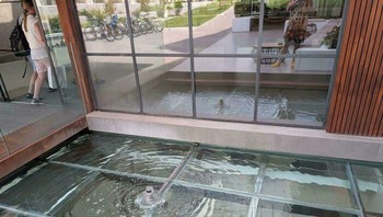 Toilet laki-laki di hotel ini punya atap kaca. Gilanya, ini berada tepat di bawah pintu masuk utama. Foto: teeso via Bored Panda  