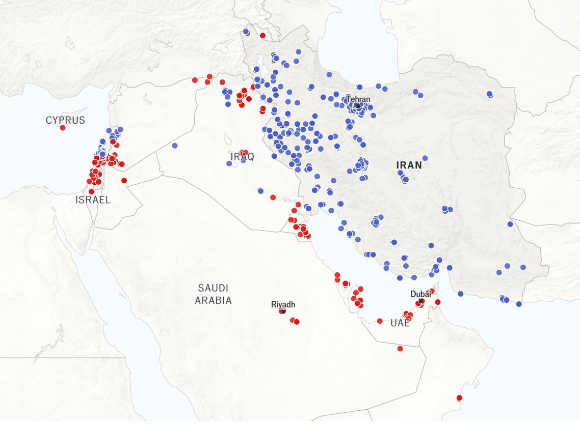 Titik Ledakan Misil AS-Israel Melawan Iran. Data diambil dari ACLEDInstitute for the Study of WarAEI’s Critical Threats Project
