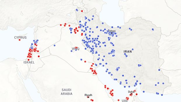 Titik Ledakan Misil AS-Israel Melawan Iran. Data diambil dari ACLEDInstitute for the Study of WarAEI’s Critical Threats Project