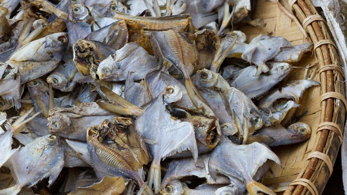 Typical street food: dried fish for sale at a market in Myanmar (Burma).