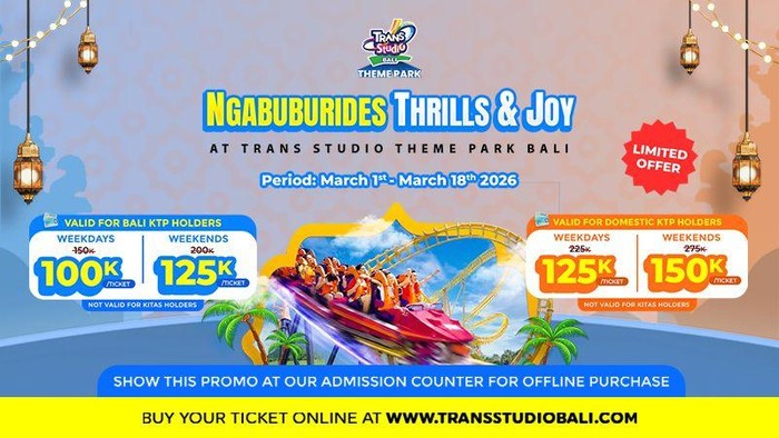 Ramadan 2026 ini, ada alternatif ngabuburit yang lebih aktif dan penuh adrenalin lewat promo Ngabuburides Thrill Deals di Trans Studio Theme Park Bali.