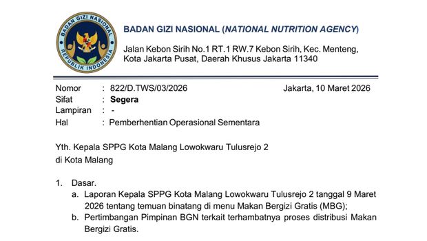 Surat penghentian sementara SPPG Tulusrejo 2 Kota Malang oleh BGN. Surat penghentian sementara SPPG Tulusrejo 2 Kota Malang oleh BGN.