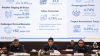 Menteri Keuangan Purbaya Yudhi Sadewa (tengah) didampingi Wakil Menteri Keuangan Suahasil Nazara (kiri) dan Juda Agung (kanan) menyampaikan konferensi pers APBN KiTa edisi Maret 2026 di Jakarta, Rabu (11/3/2026). Foto: ANTARA FOTO/Dhemas Reviyanto