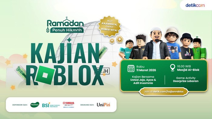 Kajian Roblox bersama Detikcom kembali hadir hari ini, Rabu, 11 Maret 2026. Acaranya dijamin seru banget, dengan beragam hadiah menarik bisa gamer dapatkan.