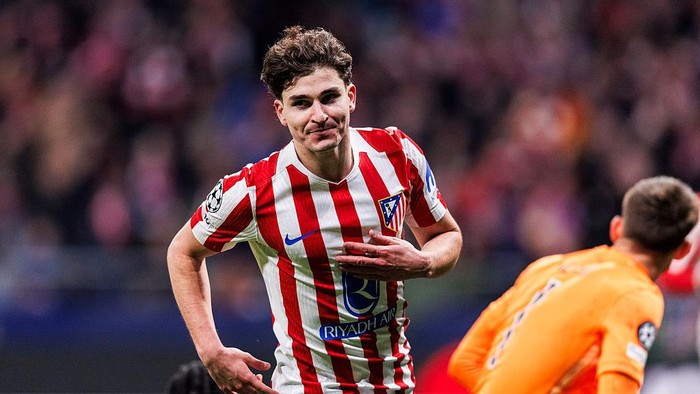 MADRID, SPAIN - MARCH 10: Julian Alvarez of Atletico de Madrid celebrates after scoring twice during the UEFA Champions League 2025/26 Round of 16 First Leg match between Atletico de Madrid and Tottenham Hotspur FC at Estadio Civitas Metropolitano on March 10, 2026 in Madrid, Spain. (Photo by João Gregorio/Eurasia Sport Images/Getty Images)