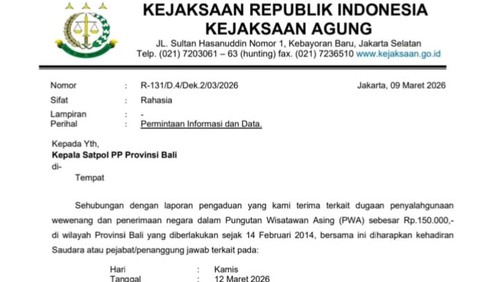 Surat Permintaan Informasi dari Kejagung terhadap Kepala Satpol PP Bali, atas dugaan penyimpangan dana PWA di Bali. Maret (12/03/2026).