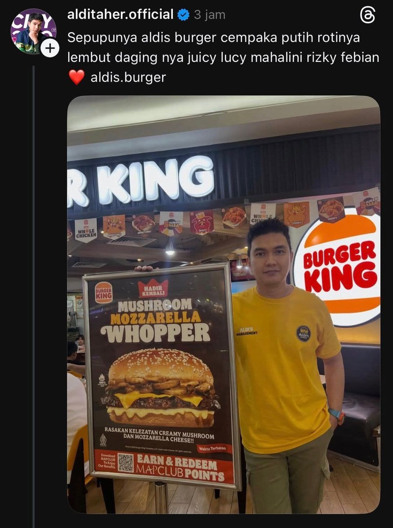 Aldi Taher mempromosikan jualan burger miliknya hingga spam di berbagai postingan di media sosial. Memenya pun bertebaran.