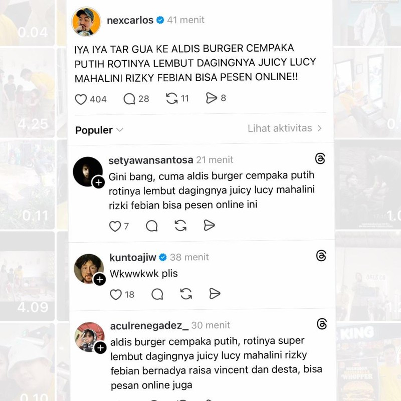 Aldi Taher mempromosikan jualan burger miliknya hingga spam di berbagai postingan di media sosial. Memenya pun bertebaran.