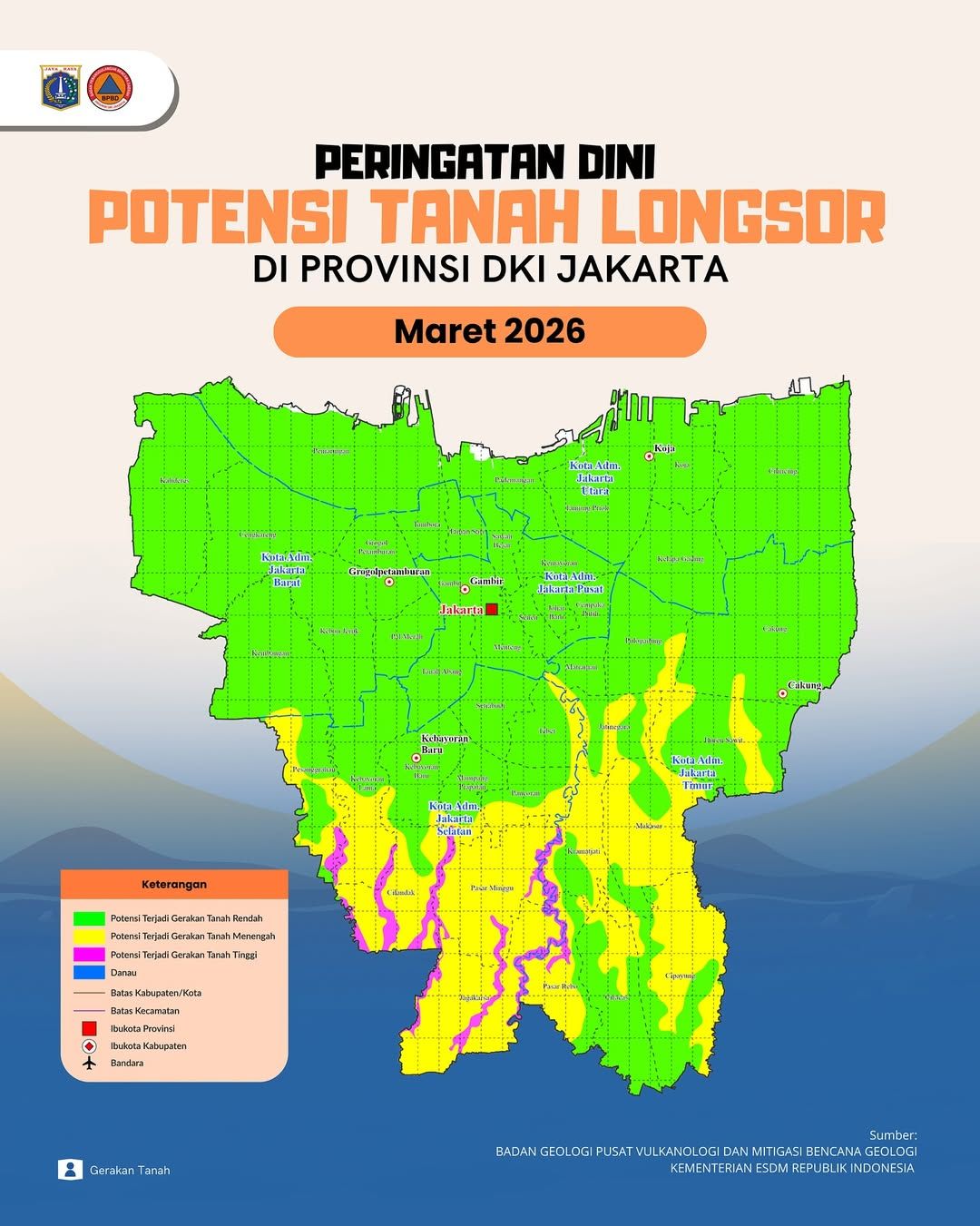 Potensi tanah longsor di DKI Jakarta. (Tangkapan layar Instagram @bpbddkijakarta)