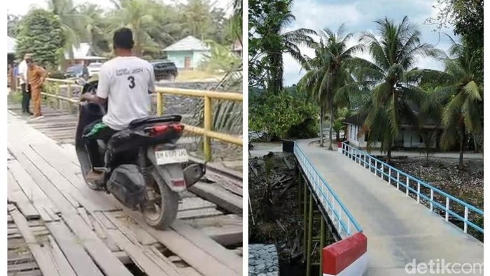 Potret before dan after jembatan di Kabupaten Kampar, Riau yang akan diresmikan oleh Kapolri, Kamis (12/3/2026).