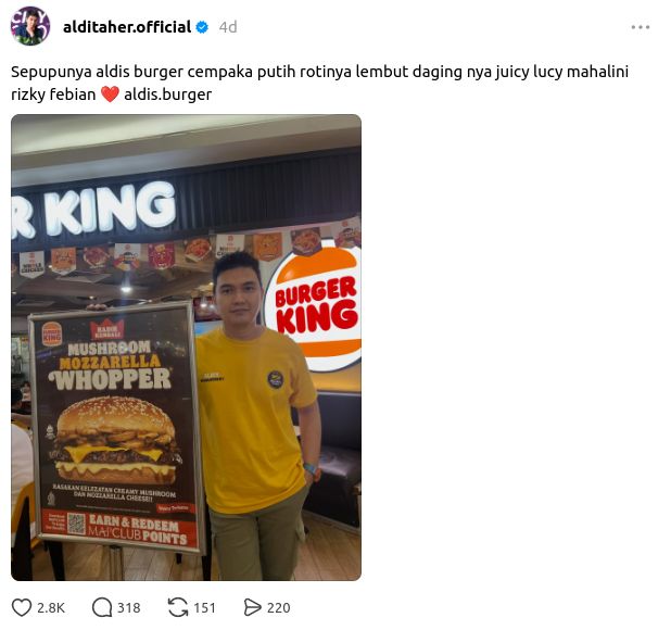 Promosi Aldi's Burger, Aldi Taher Justru Puji Burger Kompetitor!