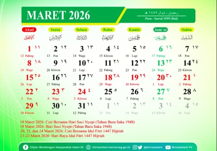 Kalender Hijriah Indonesia Tahun 2026 terbitan Ditjen Bimas Islam Kemenag RI.