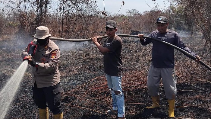 Polisi dan warga berjibaku memadamkan kebakaran lahan di Bengkalis, Riau, Jumat (13/3/2026).