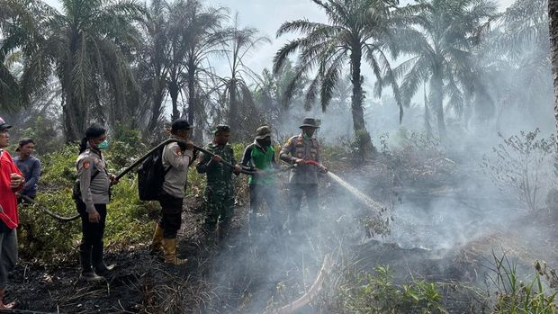 Kebakaran lahan seluas 30 hektare terjadi di Kabupaten Rokan Hilir (Rohil), Riau. Kapolres Rohil AKBP Isa Imam Syahroni ikut turun tangan memadamkan kebakaran. (dok Polda Riau)