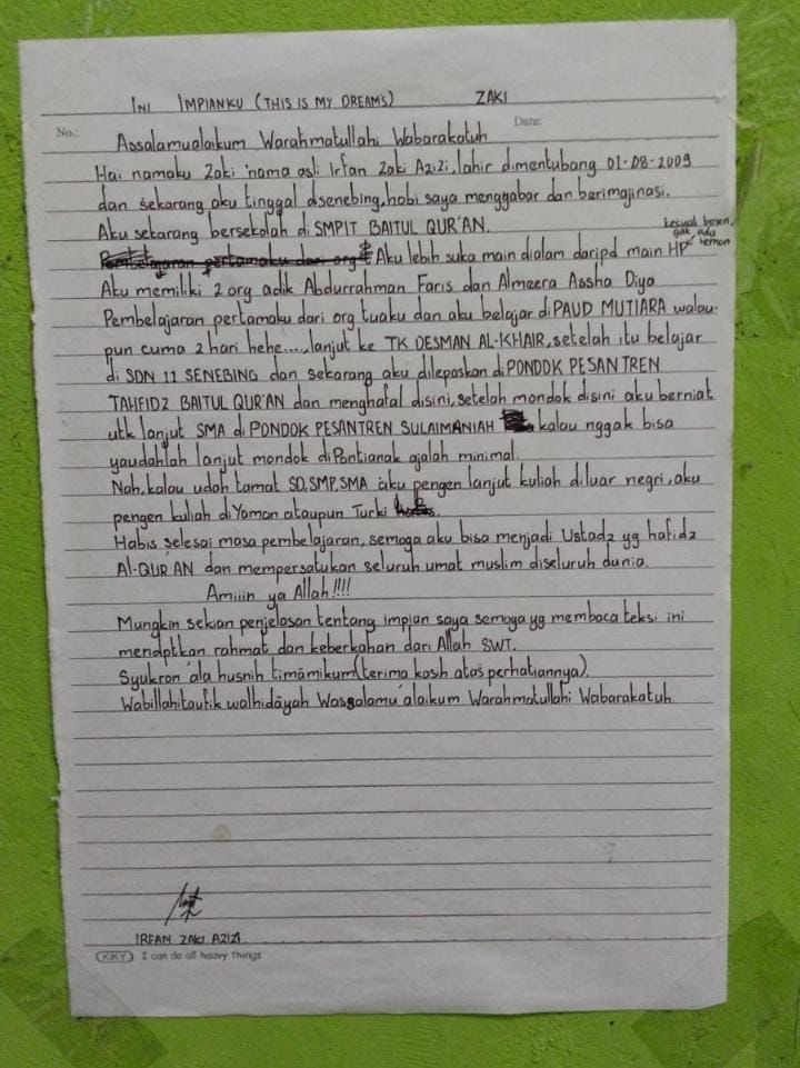Selembar catatan harian santri Zaki ditemukan di kamarnya. (Istimewa) Selembar catatan harian santri Zaki ditemukan di kamarnya. (Istimewa)